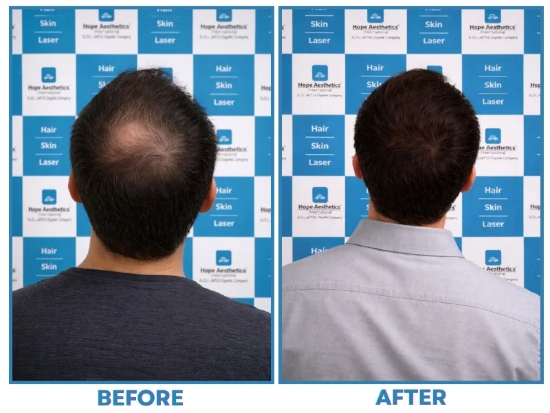 Before and after crown hair restoration result at Hope Aesthetics hair transplant clinic in Pune
